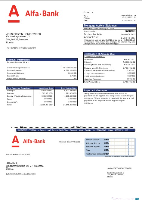 Download Russia Alfa bank mortgage statement in Word and PDF formats Photoshop template